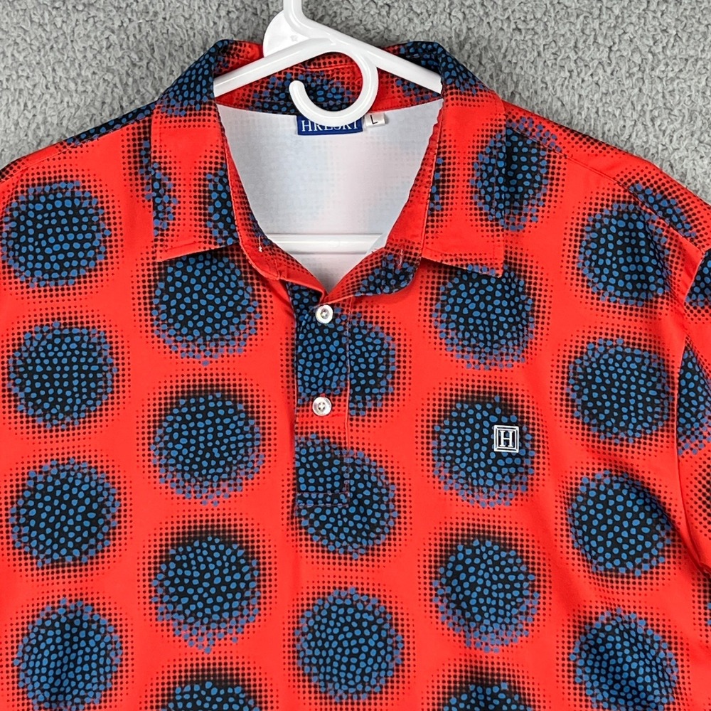 Hreski Polo Shirt Mens Large Red Blue Sphere Balls Abstract Golf Performance - Picture 2 of 11